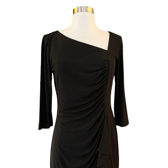 DAVID MEISTER Black Sheath Cocktail Dress Ruched Ruffles 3/4 Sleeves Midi 4 EUC - Picture 6 of 8
